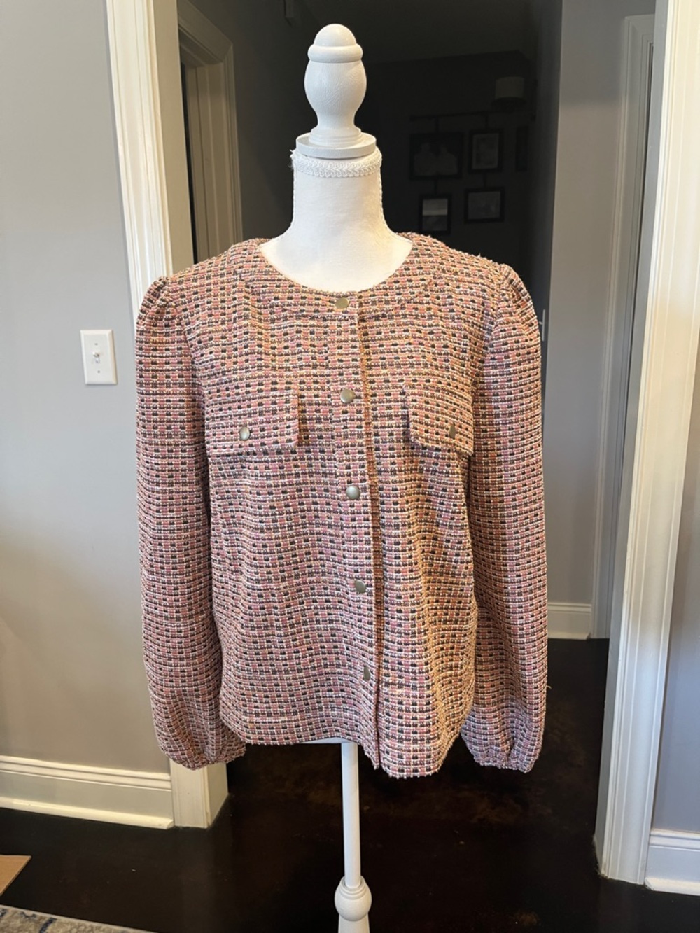 Textured Pink Tweed Button-Front Jacket